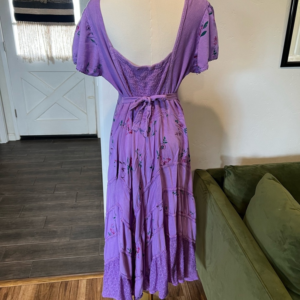 Fairycore Lavender Floral Lace-Up Midi Dress (adjustable waist) - Picture 5 of 7